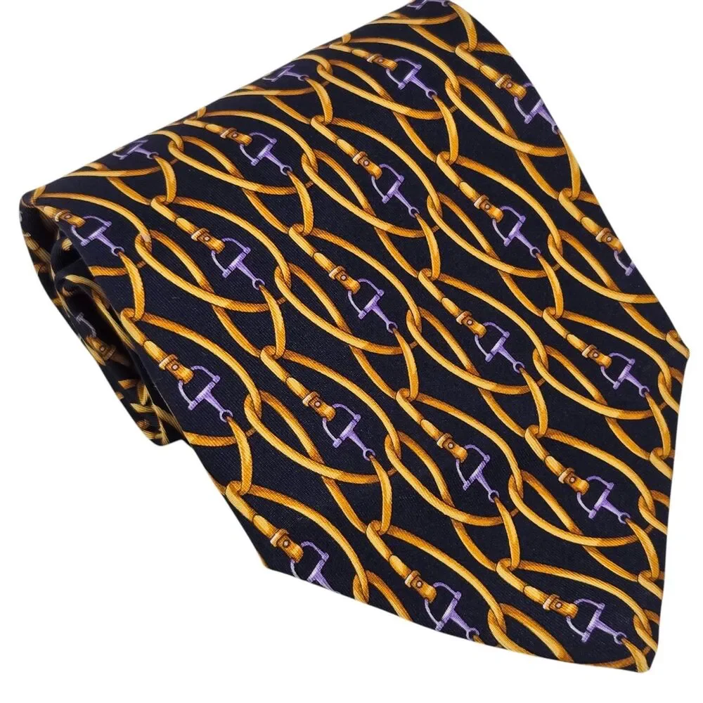 GUCCI Mens Tie Horsebit Pattern bridle‎ belt Silk Italy Blue Gold Old Money